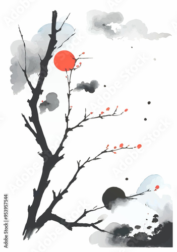 branch, sunset, watercolor sketch