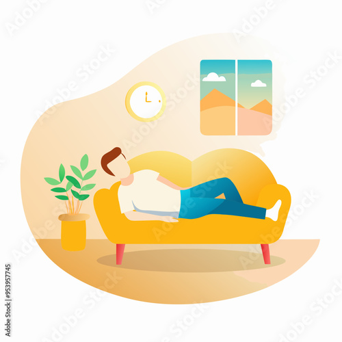 Relaxed man lounging comfortably on yellow sofa in cozy living room