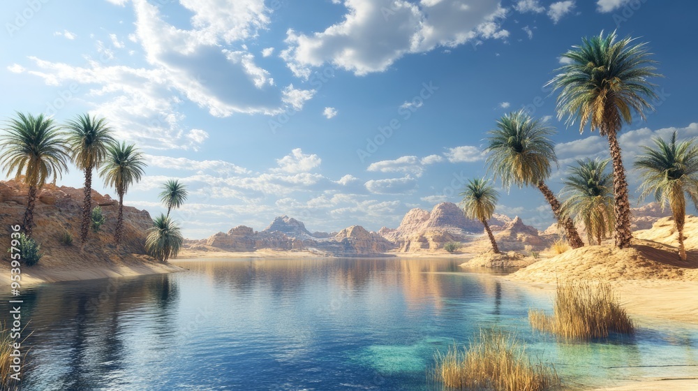 Oasis Landscape with Palm Trees and a Clear Blue Lake Oasis Landscape with Palm Trees and a Clear Blue Lake