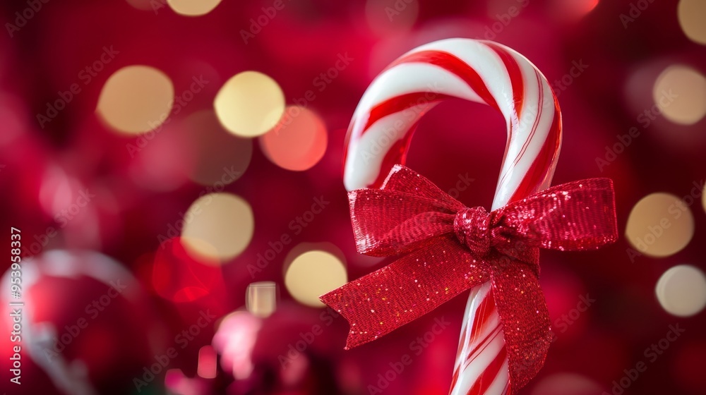 A festive candy cane decorated with a red bow against a sparkling red background filled with soft lights during the holiday season A festive candy cane decorated with a red bow against a sparkling red background filled with soft lights during the holiday season