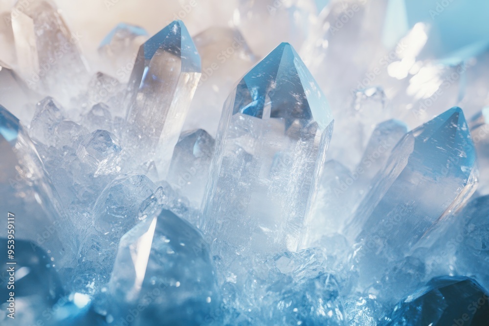 A close-up of transparent quartz crystals, arranged in an array on the right side of the frame A close-up of transparent quartz crystals, arranged in an array on the right side of the frame