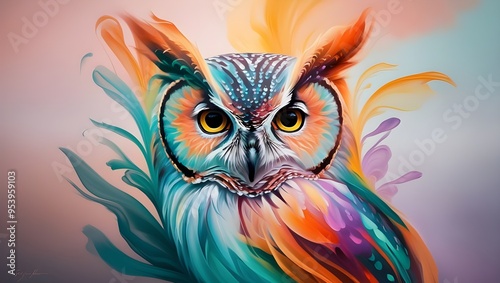 Abstract animal Owl portrait with colorful double-exposure paint