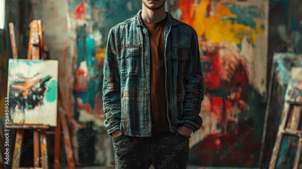 Obraz premium Artist standing in gallery composition background