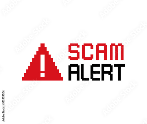SCAM alert - pixel message sign in retro 8-bit game style yellow caution message window, web3 notice