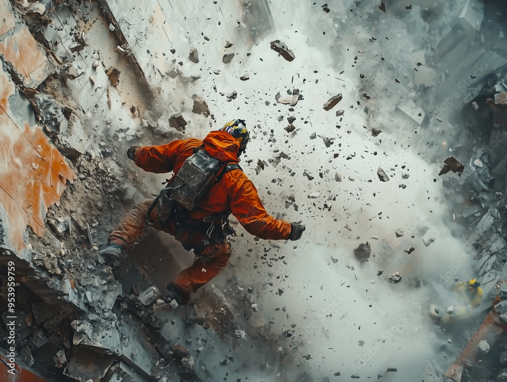 A person in an orange suit with a helmet is suspended mid-air amidst a cloud of debris and dust A person in an orange suit with a helmet is suspended mid-air amidst a cloud of debris and dust