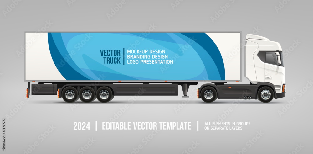 Side view Trailer Truck mockup with branding graphics. Cargo Truck with abstract blue branding design - editable vector. Modern semi truck trailer for horizontal AD banner and vehicle branding