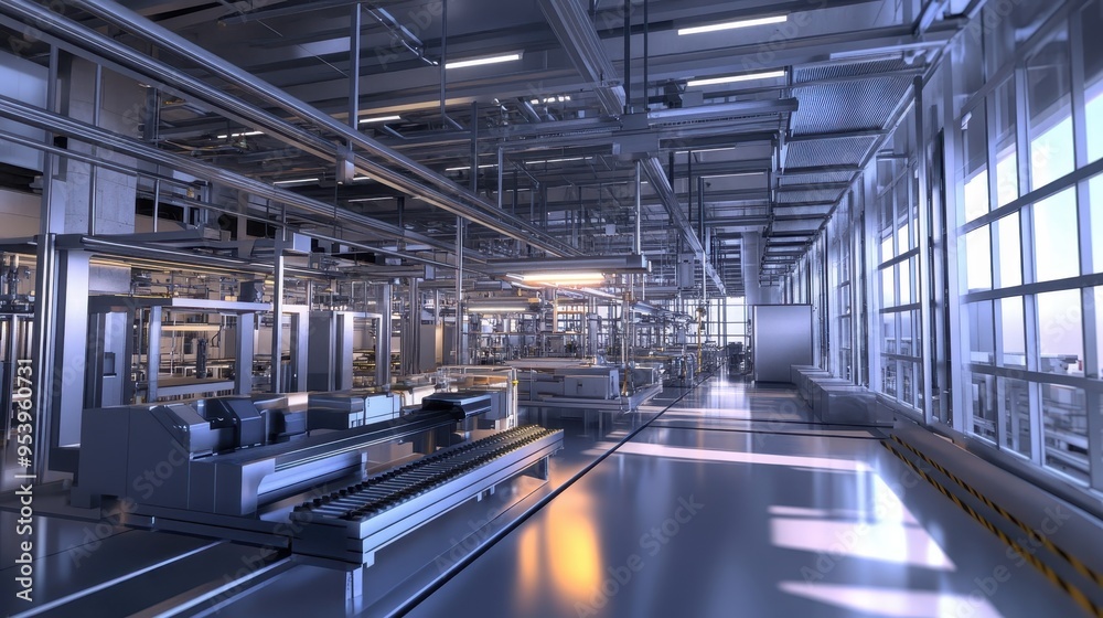 Modern industrial factory interior with advanced machinery, metallic pipes, and large windows providing ample natural light.