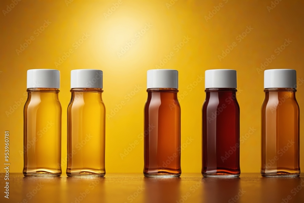four bottles of honey sit on a table with a yellow background four bottles of honey sit on a table with a yellow background