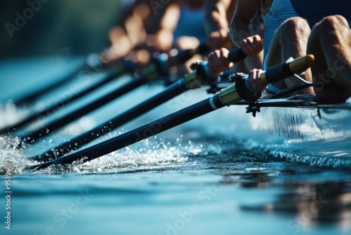 A close-up of the oars and rowers in action during an Olympic boat race