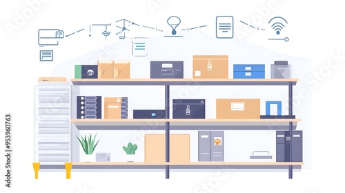 Detailed graphic of IoT connected smart shelves with automated inventory monitoring and alerts for efficient warehouse retail or home storage management