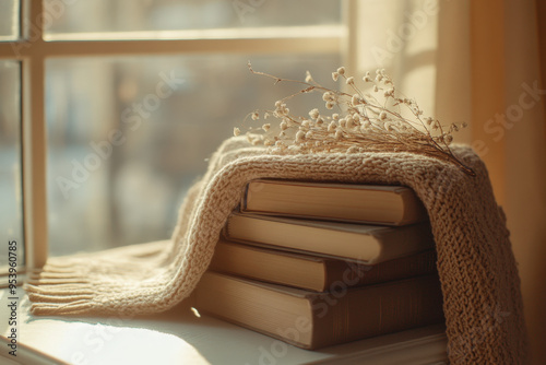 Cozy scene of a stack of books with a warm blanket and dried flowers on a window sill bathed in natural light photo