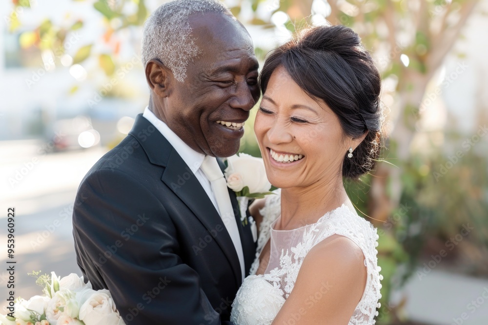 Joyful Multicultural Wedding: Asian Bride and African American Groom Embracing Outdoors Joyful Multicultural Wedding: Asian Bride and African American Groom Embracing Outdoors