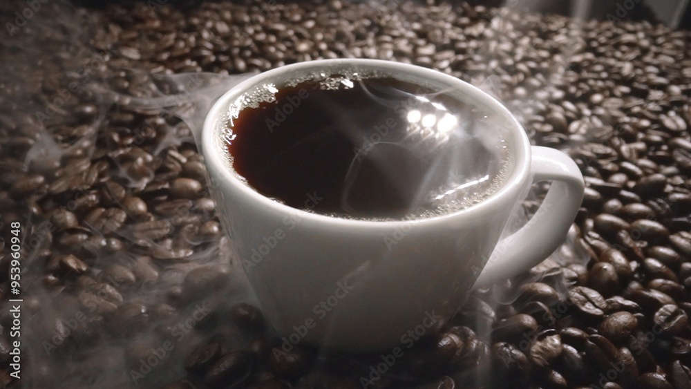 Top view of coffee or espresso with piles of coffee beans. Close up of fresh roasted coffee bean scatter around wooden table with cup of americano and aromatic stream and smoke from seed. Comestible.