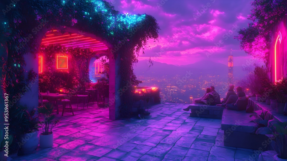 Cyberpunk Rooftop Garden, vibrant greenery amidst neon cityscape, futuristic architecture, serene escape above the bustling metropolis Cyberpunk Rooftop Garden, vibrant greenery amidst neon cityscape, futuristic architecture, serene escape above the bustling metropolis