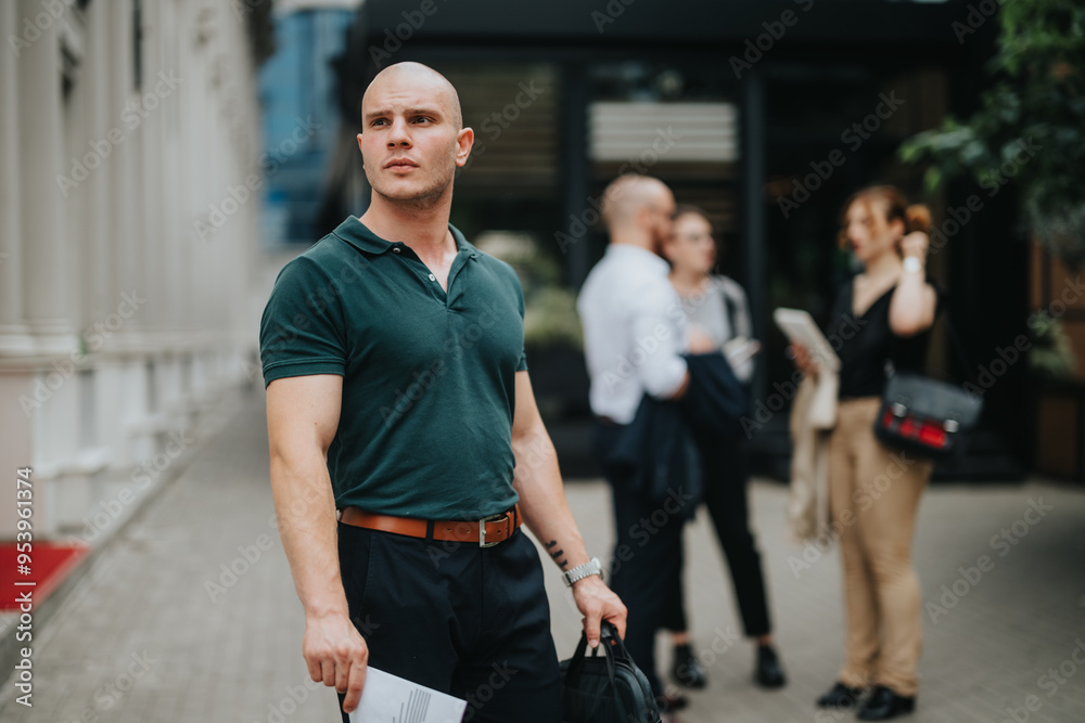 Fototapeta premium Confident business professional standing outdoors with colleagues in background, representing team collaboration, leadership, and professional conversation in an urban setting.