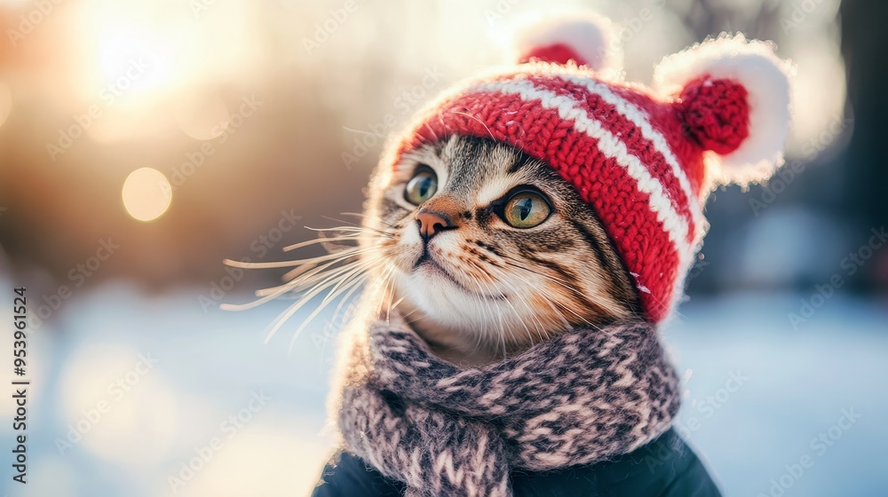 Cat wearing hat and scarf on winter snowy weather composition background Cat wearing hat and scarf on winter snowy weather composition background