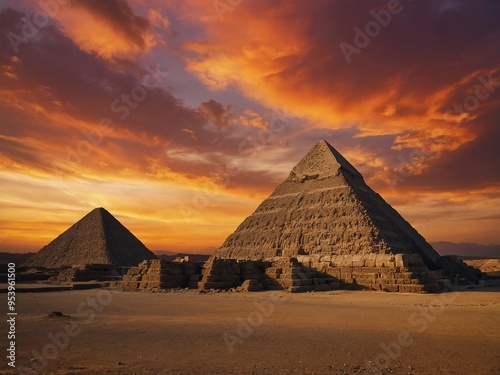 An ancient pyramid structure set against a vibrant sunset, emphasizing its historical grandeur.