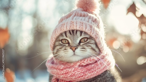 Wallpaper Mural Cat wearing hat and scarf on winter snowy weather composition background Torontodigital.ca