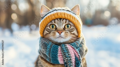 Wallpaper Mural Cat wearing hat and scarf on winter snowy weather composition background Torontodigital.ca