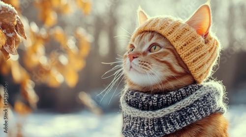 Wallpaper Mural Cat wearing hat and scarf on winter snowy weather composition background Torontodigital.ca