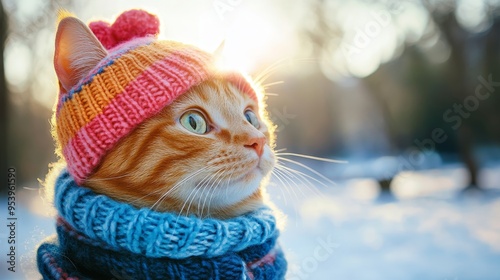 Wallpaper Mural Cat wearing hat and scarf on winter snowy weather composition background Torontodigital.ca
