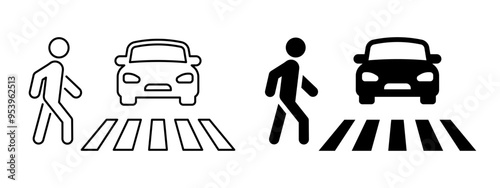 Pedestrian crosswalk with car traffic sign. Man crossing a road with standing automobile vector illustration. Crosswalk roadsign. Person walking cross the road symbol. Pedestrian safety icon.