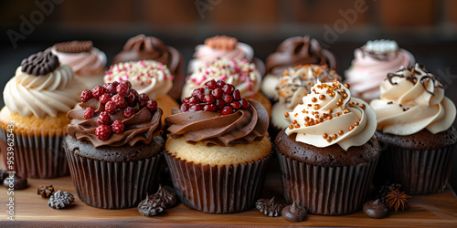 A beautifully arranged display of twelve delectable cupcakes, showcasing a variety of rich and creative frosting styles