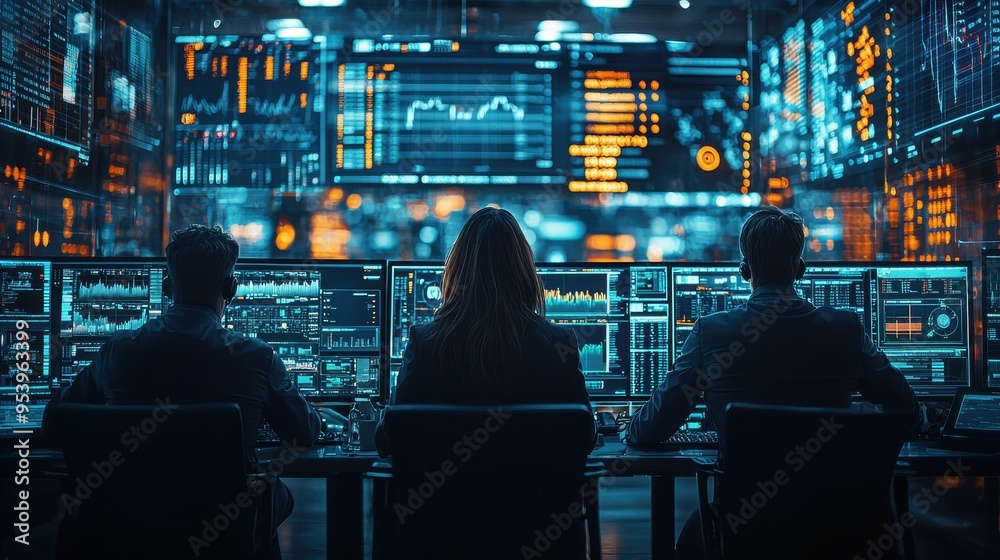 High-tech trading hub, bustling traders, screens displaying market data, intense focus, dynamic environment, financial activity, modern design High-tech trading hub, bustling traders, screens displaying market data, intense focus, dynamic environment, financial activity, modern design