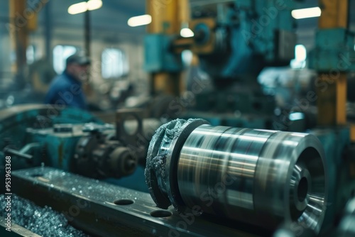 A close-up shot of a lathe turning metal, with the focus on its spinning reel and aluminum cylinder