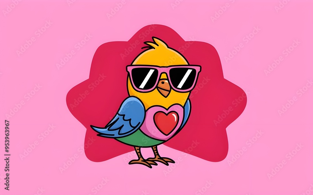 Fototapeta premium Vibrant Bird with Sunglasses and Heart on Pink Background