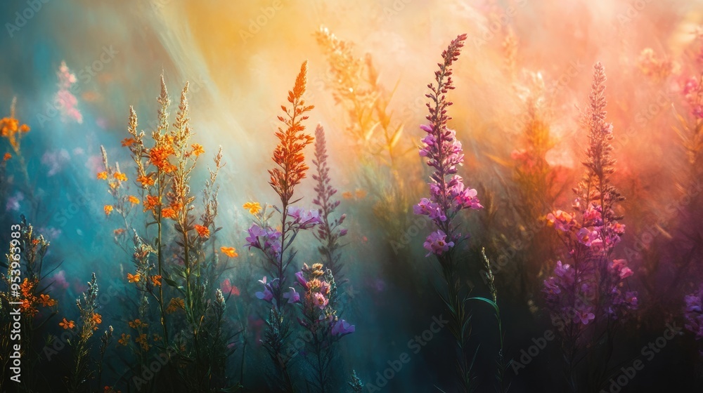 Obraz premium Sunlit Wildflowers in a Mystical Field