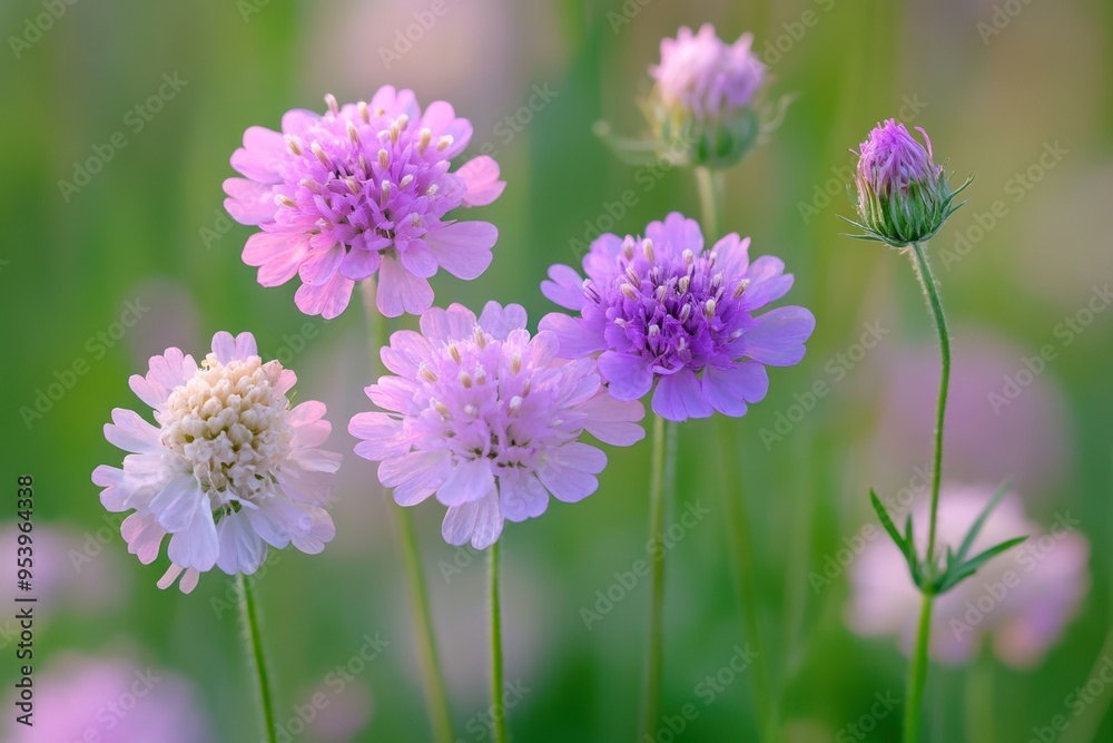 A close-up of the delicate pink and purple flowers on a wild scabious flower, with small green leaves A close-up of the delicate pink and purple flowers on a wild scabious flower, with small green leaves