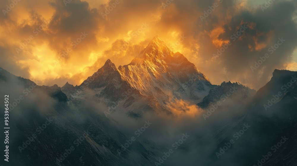 Majestic Mountain Peak Bathed in Golden Sunset Majestic Mountain Peak Bathed in Golden Sunset
