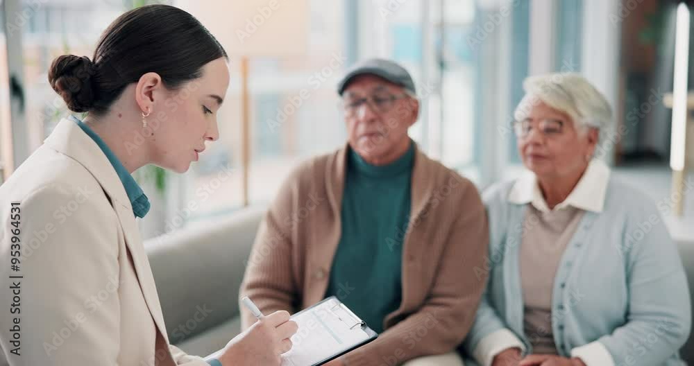 Healthcare, doctor or senior couple on sofa for consultation, insurance policy update or survey on clipboard. Nurse, elderly people or report in office for assessment or document for medical history Healthcare, doctor or senior couple on sofa for consultation, insurance policy update or survey on clipboard. Nurse, elderly people or report in office for assessment or document for medical history
