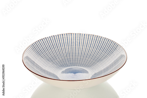 One ceramic plate, macro, isolated on white background.