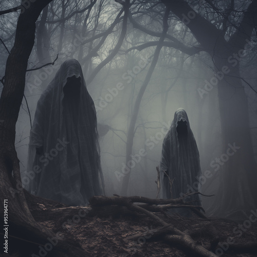 Halloween Background wallpaper 2 creepy, spooky ghosts in a misty forest poster