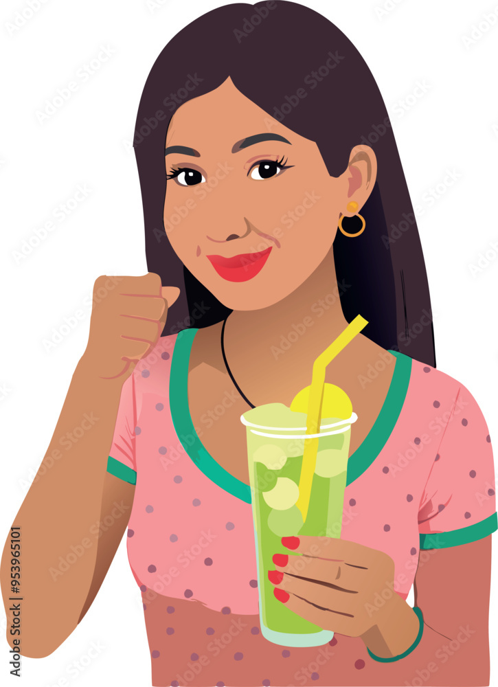 Beautiful young woman holding a glass of lemonade with a straw Beautiful young woman holding a glass of lemonade with a straw