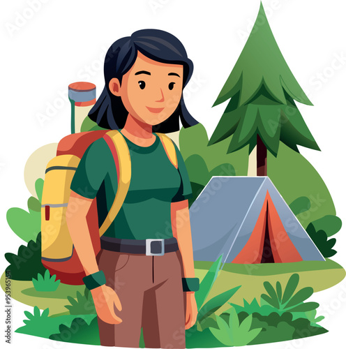 Hiker is smiling while camping in the forest