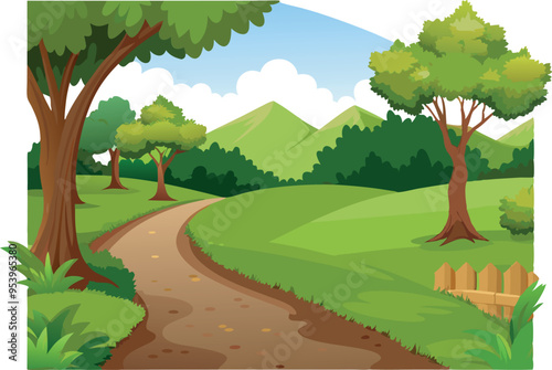 Serene landscape featuring a winding dirt path leading through rolling green hills and lush vegetation