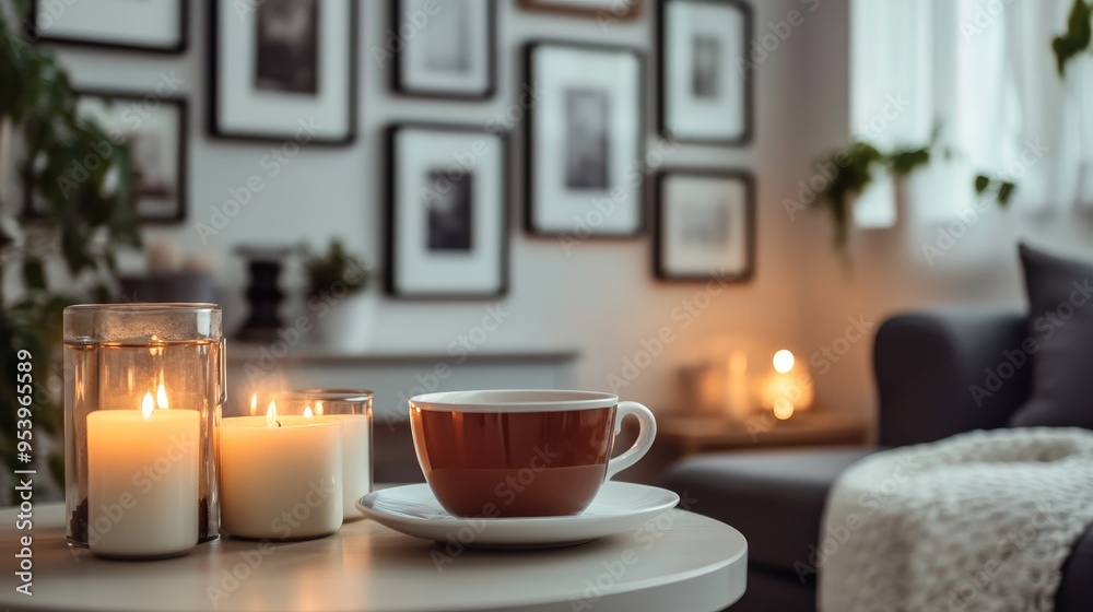 Room interior with books and candles and cup of hot drink composition background Room interior with books and candles and cup of hot drink composition background