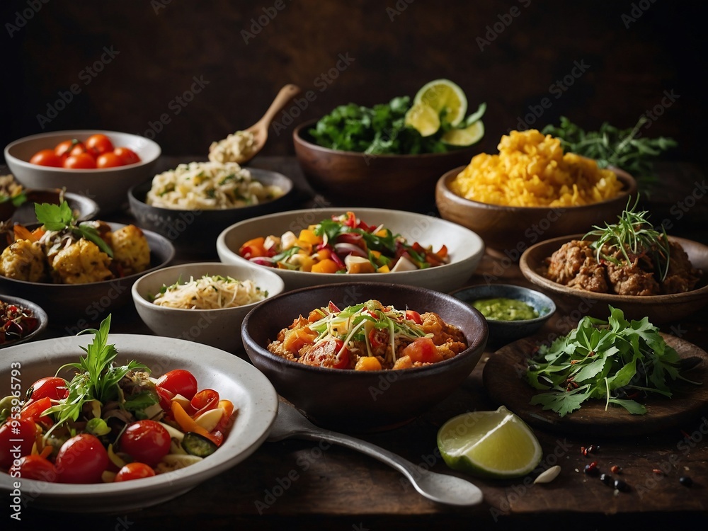 An appetizing display of diverse dishes with fresh ingredients, artistically presented. An appetizing display of diverse dishes with fresh ingredients, artistically presented.