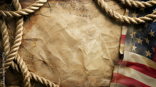 American flag and old map American flag and rope on treasure map on the table for Colombus Day, American flag, old map, treasure map, rope, Columbus Day, historical, patriotic, vintage
