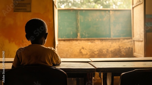 A young child sits alone at a school desk, gazing out of an open window in a classroom during the day