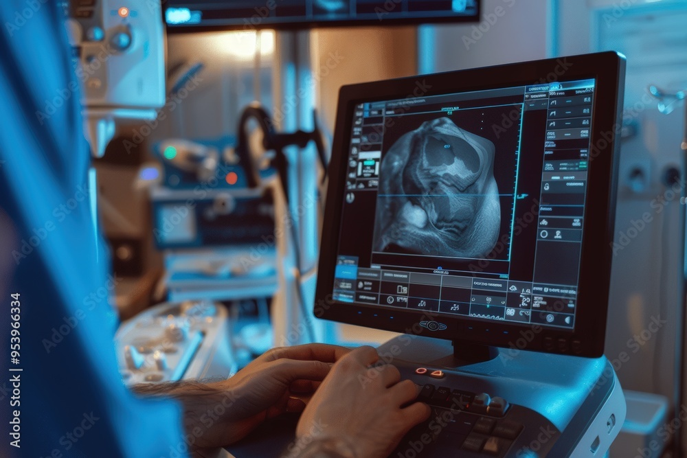 A man is typing on a computer screen that shows a medical image, generative ai image A man is typing on a computer screen that shows a medical image, generative ai image
