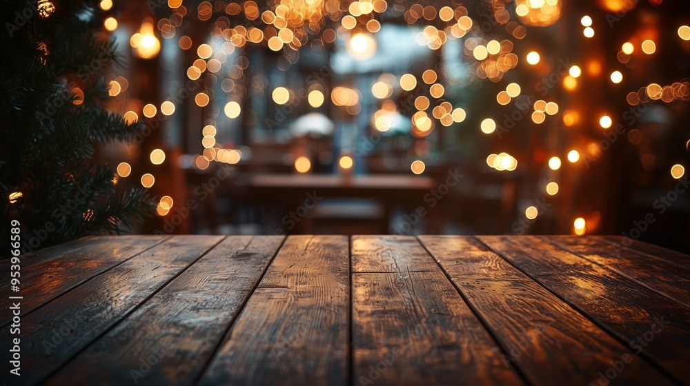 A wooden table set in a festive atmosphere with glowing Christmas lights, perfect for holiday designs or seasonal imagery. A wooden table set in a festive atmosphere with glowing Christmas lights, perfect for holiday designs or seasonal imagery.