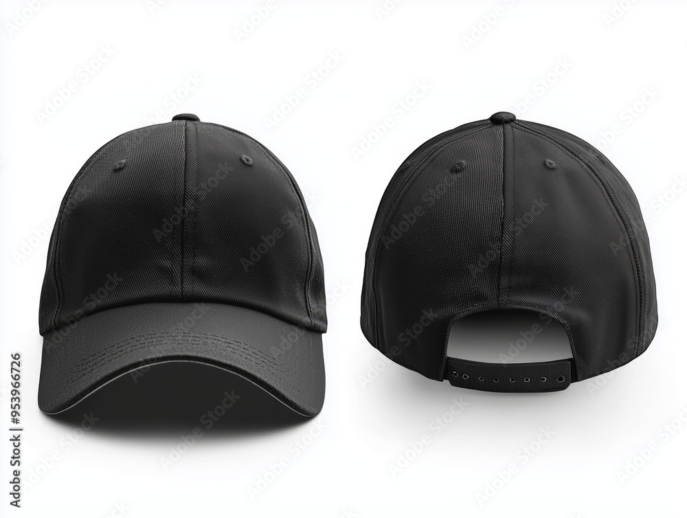 Obraz premium A plain black cap shown from the front and back, perfect for branding, customization, or promotional apparel design.
