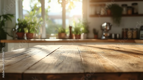 Sunlit kitchen with a rustic wooden table in the foreground, perfect for cooking or lifestyle-themed designs.