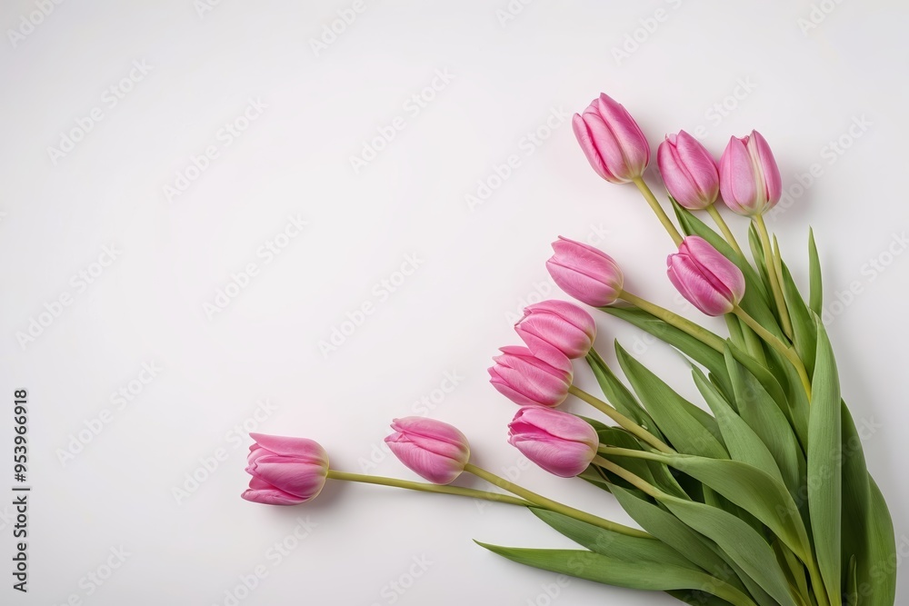 there are pink tulips on a white surface with a green stem there are pink tulips on a white surface with a green stem