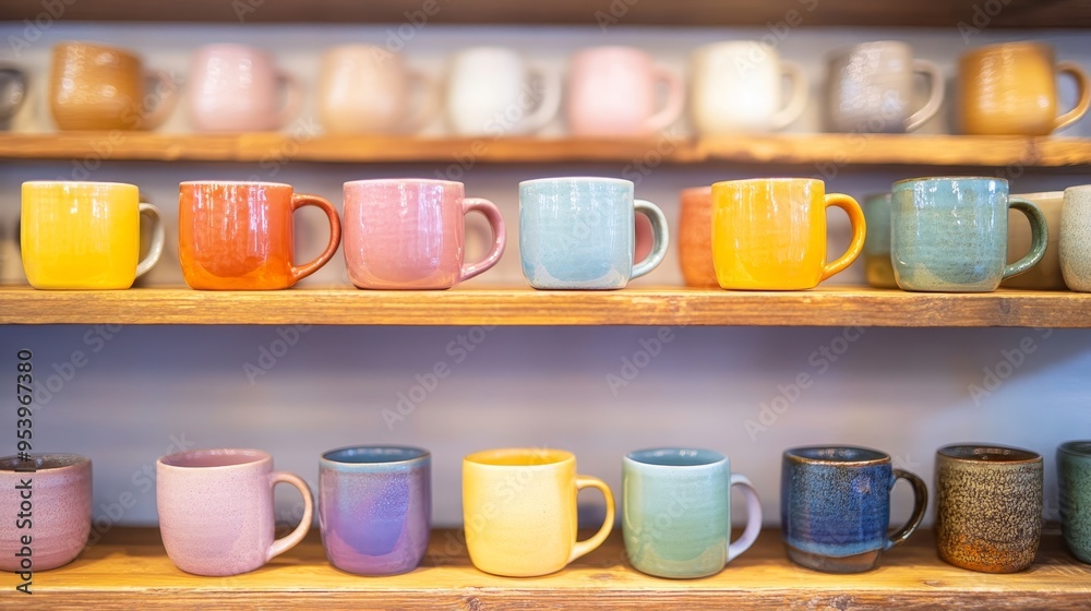 Handmade ceramic mugs on shelves crafts composition background Handmade ceramic mugs on shelves crafts composition background