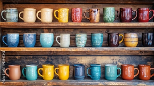 Handmade ceramic mugs on shelves crafts composition background